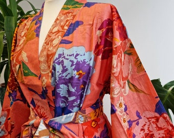 Pure Cotton Handprinted House Robe Summer Short Kimono Floral Beach Coverup/Comfy Maternity Mom Summer Bright Peach Purple Botanical Bloom