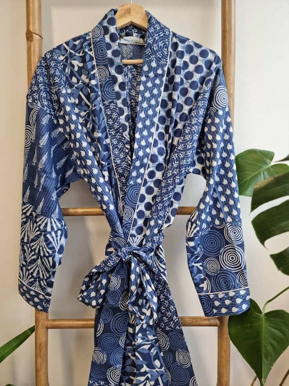 Mens Cotton Block Print House Robe Kimono Indigo White Blue - Etsy UK