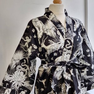 Pure Cotton Handprinted House Robe Summer Kimono | Floral Beach Coverup/Comfy Maternity Monochrome Black White Animal Goddess Totem Magic