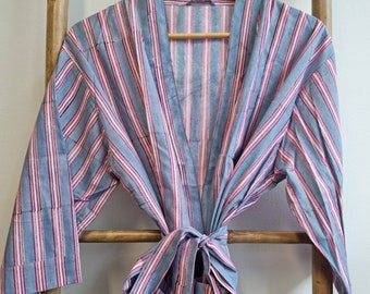 Men’s Cotton Block print House Robe Kimono | Pastel Grey Stripe Urban Pink White Summer Geometric Magic