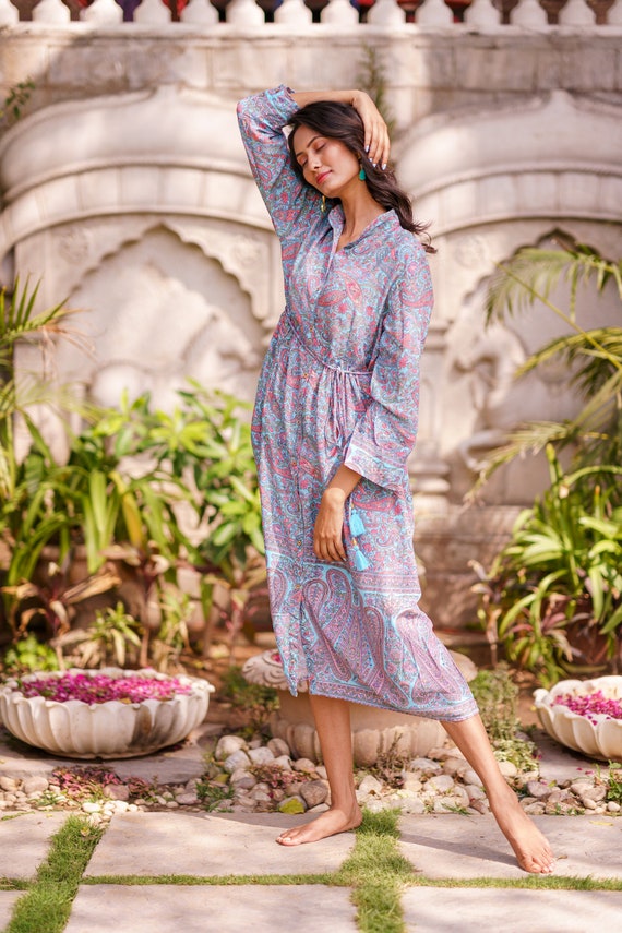 Cotton Midi Pastel Turquoise Paisley Dress Indian Block Print Colourful  Summer Elegant Comfy Daywear Beach Outfit Front Open Casual Mommy - Etsy