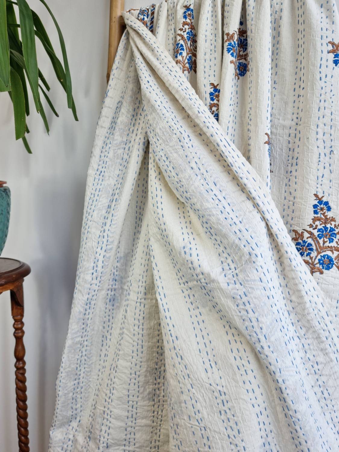 Copriletto Kantha in cotone con stampa a mano, bellissimo copriletto Kantha flor