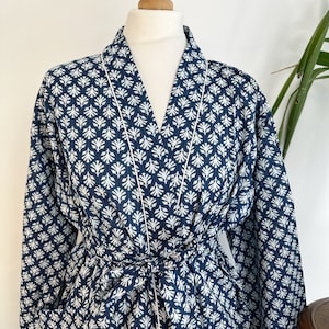 Pure Cotton Handprinted House Robe Summer Kimono | Floral Beach Coverup/Comfy Maternity Mom | Spring Indigo White Mini Motif