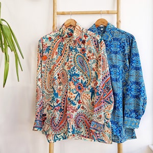 Men’s Shirt Silky Blend Boho Relaxed Comfortable Garden Beach Picnic Urban Yacht Fishing Man Dad Husband Father Lover Gift | White Paisley