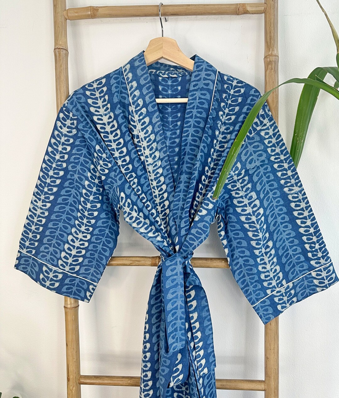 Indigo Robe Pure Cotton Indigo Handprinted House Robe Summer Kimono | Floral Beach ...