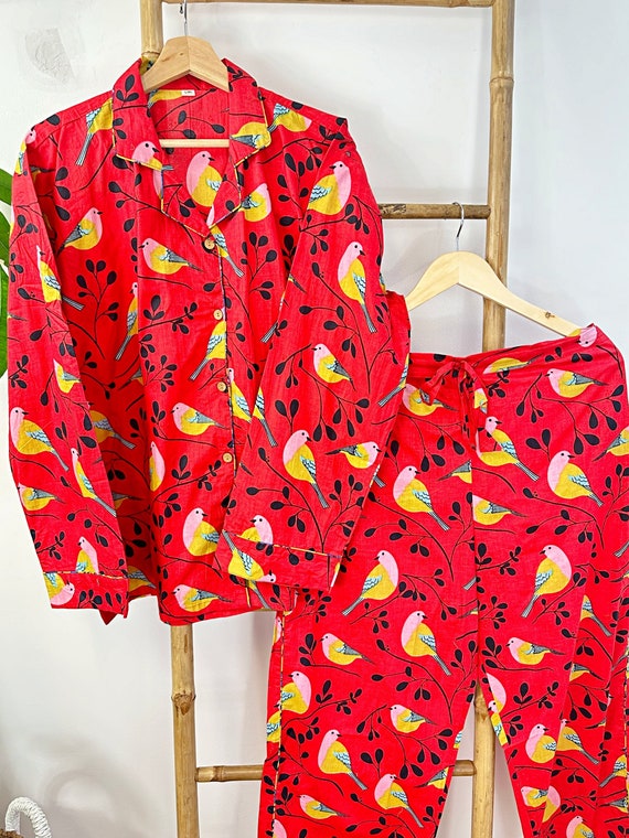 Luxury Hand Printed Indian Blockprint Pure High Quality Cotton Floral Bird Pyjama Set Summer Red Pink Quirky Robin Bird Christmas Vibe Etsy Canada