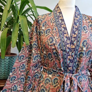 Neue Seidige Sari Boho Kimono Regal Haus Robe Luxus Lounge Digital Print Fließendes Kleid Regal Cream Altrosa Navy Aqua Floral Duster Bild 6
