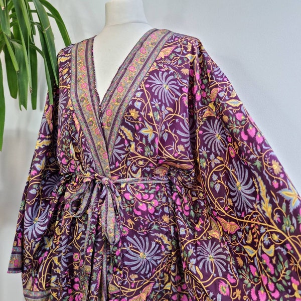 New Silk Sari Boho Kimono Regal House Robe - Luxury Lounge Digital Print Flowy Gown | Royal Forest Purple Exotic Bloom Floral Duster Coverup