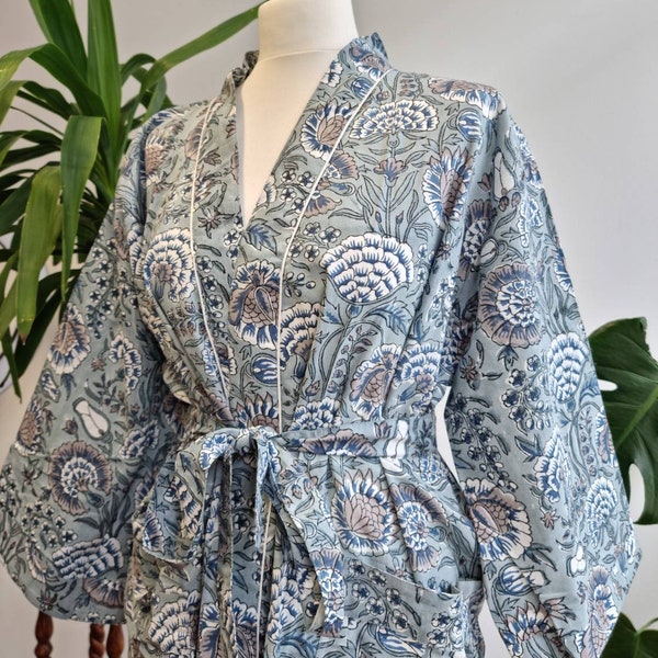 Pure Cotton Indian Block printed House Robe Summer Kimono | Floral Beach Coverup/Comfy Maternity Spring Pastel Grey White Gardenia Botanical