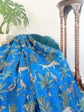 Kantha Stitch Pure Cotton Reversible Bed/Sofa Throw King Size Handmade Floral Dohar Royal Blue Safari Tropical Exotic Forest Animal