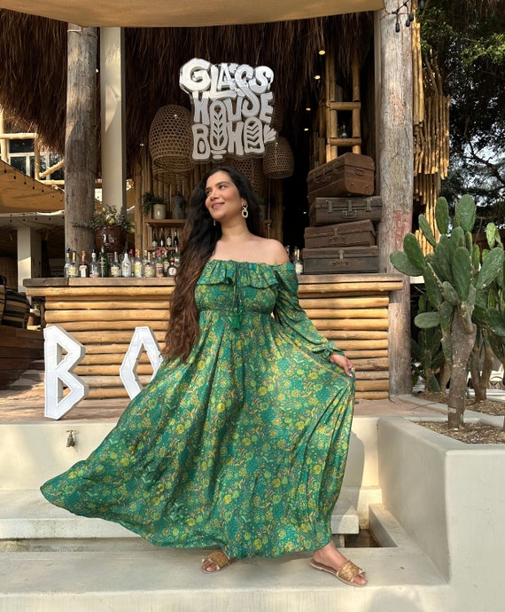 Maxi Green Forest Silky Blend Bohemian Flowy Dress Colourful Summer Wedding High Tea Daywear Beach Casual Girly Chic Boho Travel Holiday Etsy