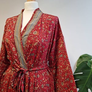 New Silky Sari Boho Kimono Regal House Robe Luxury Lounge Digital Print Flowy Gown | Persian Red Beige Gold Romance | Floral Oriental Duster