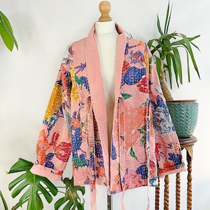 Kantha Reversible Short Length Spring Bolero Bohemian Melange Artist Front Tie Open Jacket Quirky Peach Pink Mustard Purple Japanese Garden