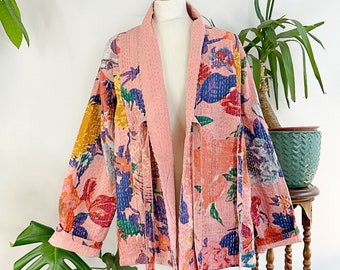 Kantha Reversible Short Length Spring Bolero Bohemian Melange Artist Front Tie Open Jacket Quirky Peach Pink Mustard Purple Japanese Garden