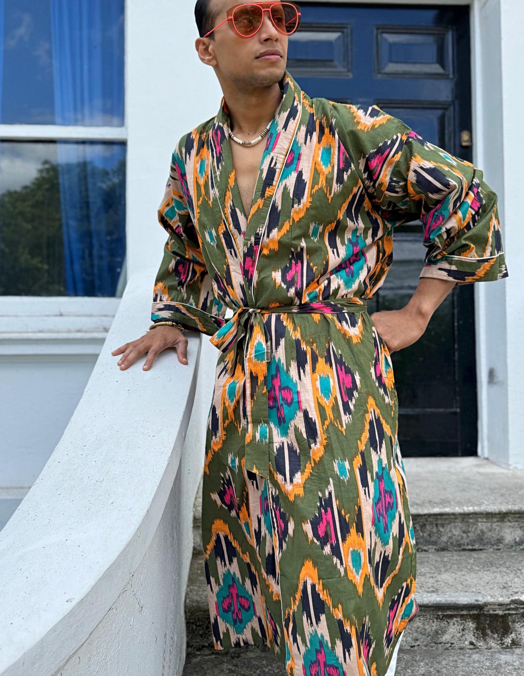 Man House Robe Men’s Cotton Block Print House Robe Boho Kimono | Olive Green Blue ...