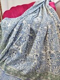 Kantha Stitch Pure Cotton Reversible Bed/Sofa Throw King Size | Handmade HandPrinted Floral Dohar | White Blue Garden Petal Leaves Stripe