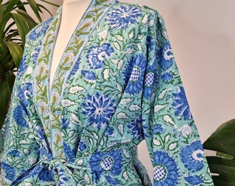 Pure Cotton Handprinted House Robe Summer Kimono Floral Beach Coverup/Comfy Maternity Mom Aqua Green Blue Bloom Gardenia