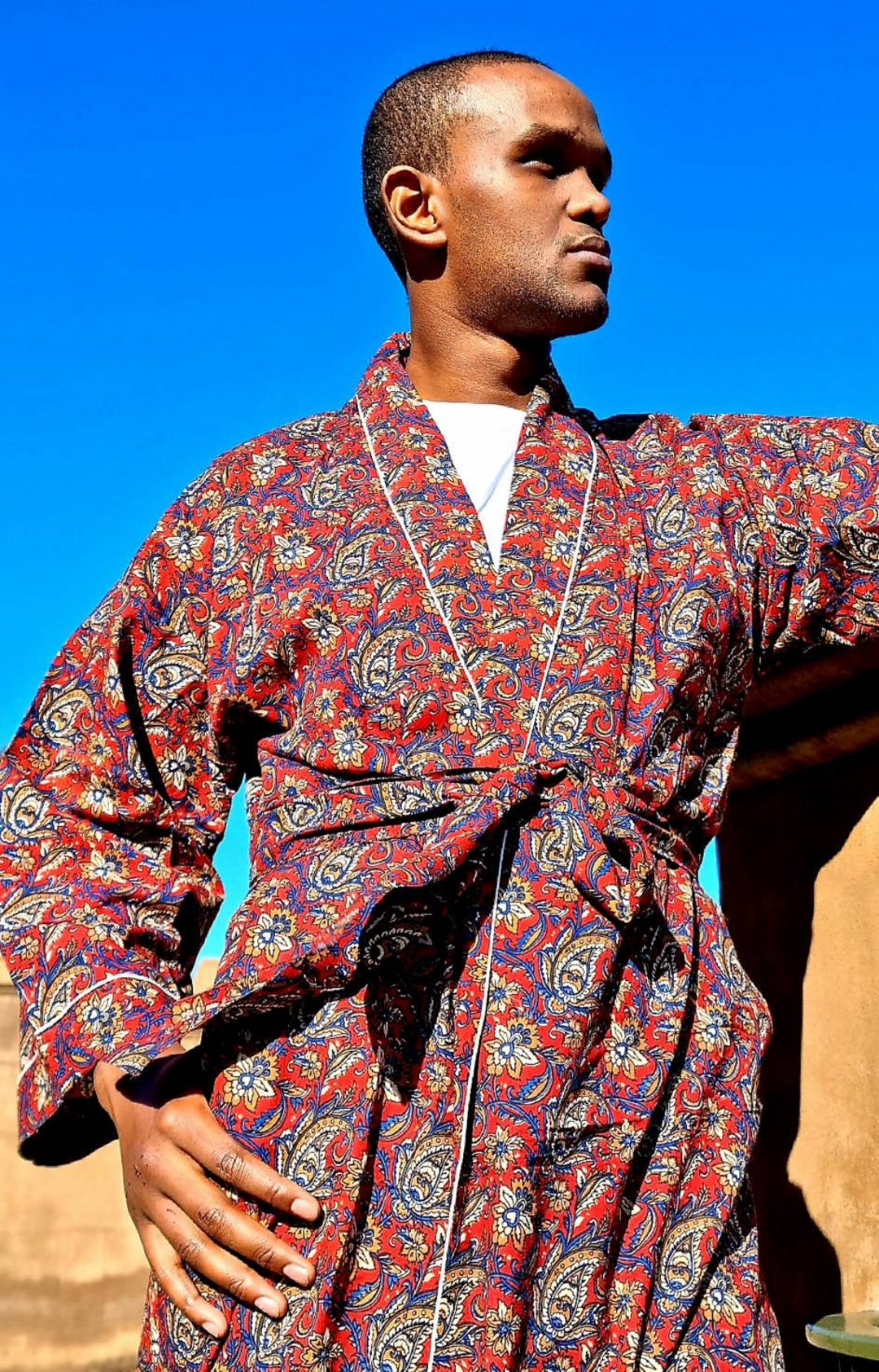 Mens Cotton Handprinted House Robe Kimono Regal Red Paisley Bagru Print Etsy