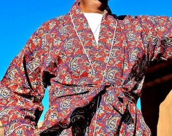 Men’s Cotton Handprinted House Robe Kimono - Regal Red Paisley Bagru Print