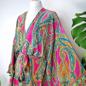New Silky Sari Boho Short Knee Kimono Regal House Robe Lounge Digital Flowy Gown | Hot Pink Turquoise Mughal Paisley Duster Beach Coverup
