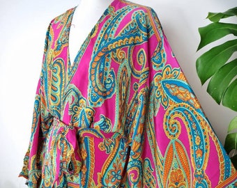 New Silky Sari Boho Short Knee Kimono Regal House Robe Lounge Digital Flowy Gown | Hot Pink Turquoise Mughal Paisley Duster Beach Coverup