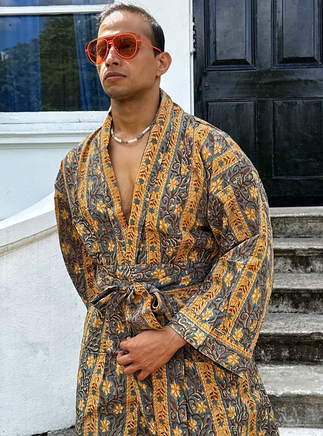 Men’s Cotton Block Print House Robe Kimono - Earthen Beige Blue Pottery ...