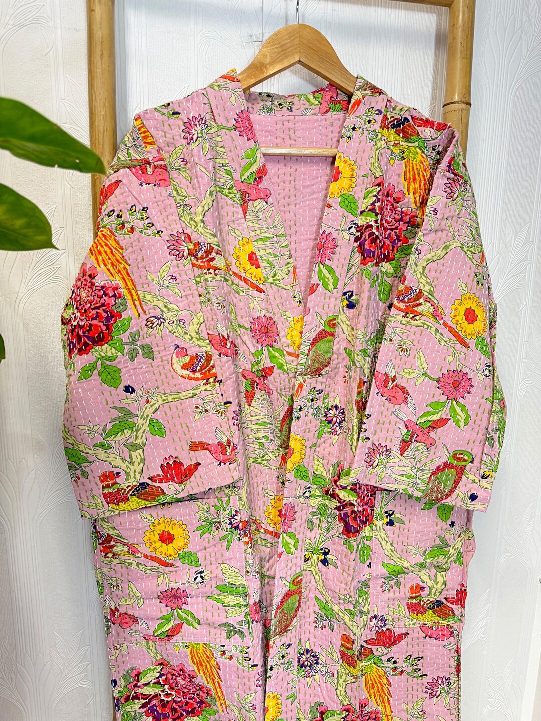 Kantha Pure Cotton Reversible Short Kimono Women Jacket Floral Print Grey Pink