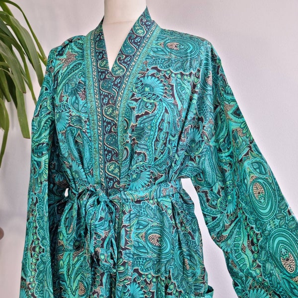 New Silk Sari Boho Kimono Regal House Robe - Luxury Lounge Digital Print Flowy Gown | Royal Ocean Aqua Green Paisley | Floral Duster Coverup