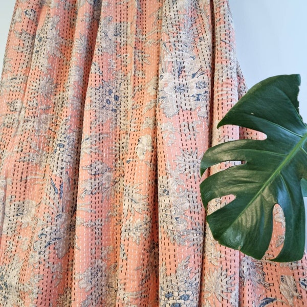 Kantha Stitch Pure Cotton Reversible Bed/Sofa Throw King Size Handmade Floral Indian Dohar Elegant Spring Pastel Peach Botanical Bloom