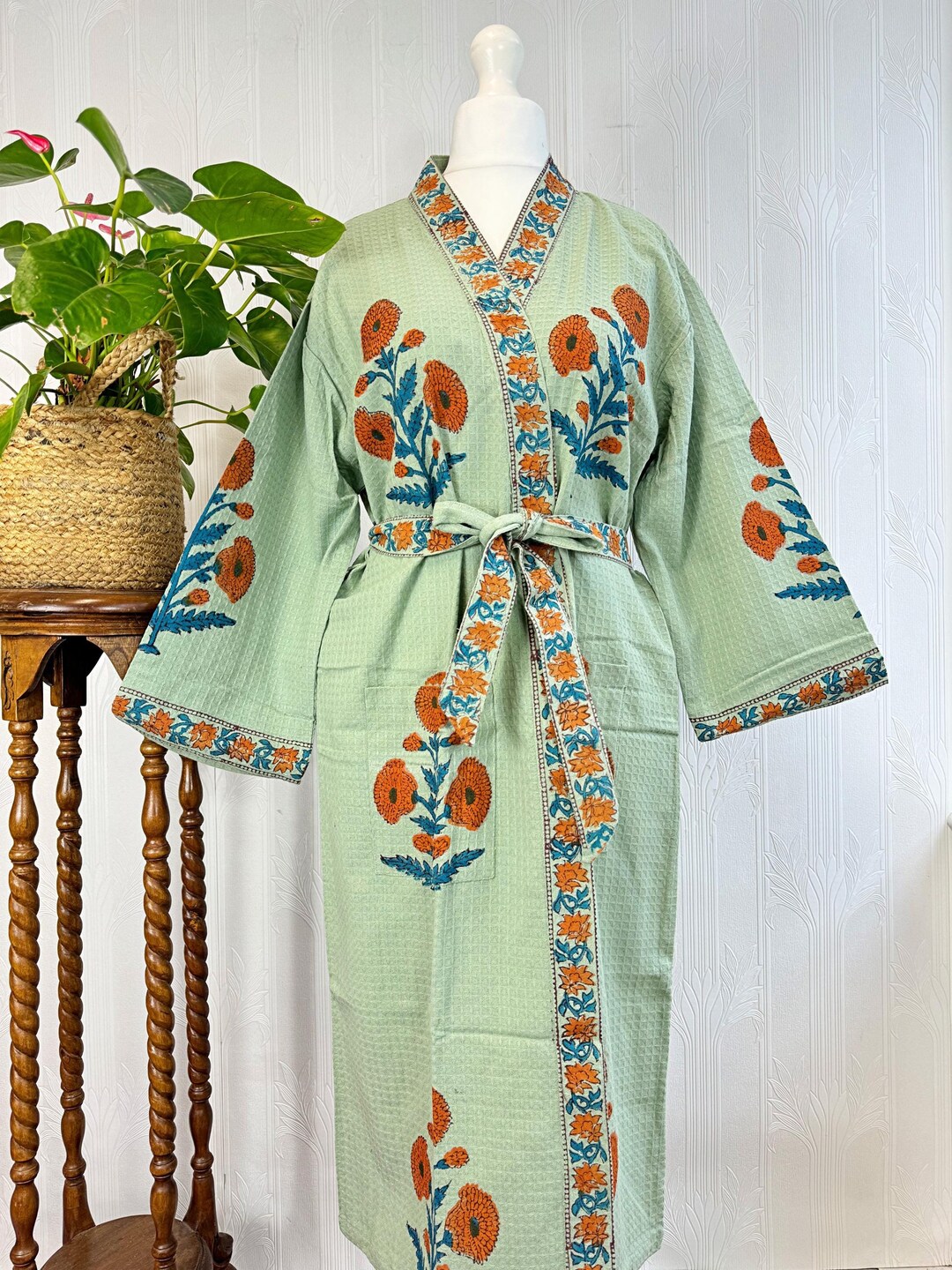 Greens Waffle Block Printed Bath Robe