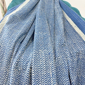 Kantha Stitch Pure Cotton Reversible Bed/Sofa Throw King Size Handmade Dohar | White Indigo Blue Geometric Chevron Waves Country Rustic Vibe
