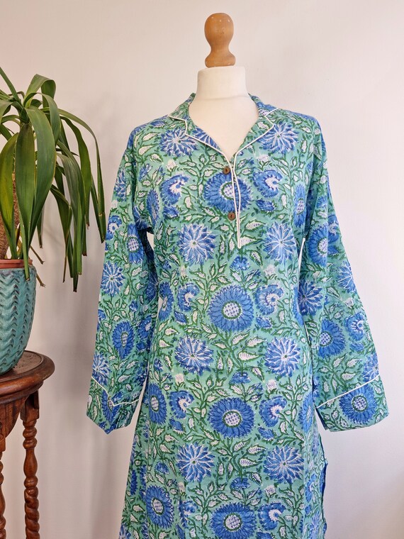 Blue Night Shirt Luxury Soft Cotton Indian Hand Block Aqua Blue Botanical Floral Lounge Sleepwear Nightdress Girls Pyjama Party Bridesmaid Etsy UK