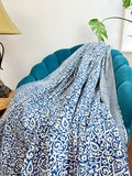 Kantha Stitch Pure Cotton Reversible Bed/Sofa Throw King Size | Handmade HandPrinted Floral Dohar | Floral Leaves Weave Blue White Rustic