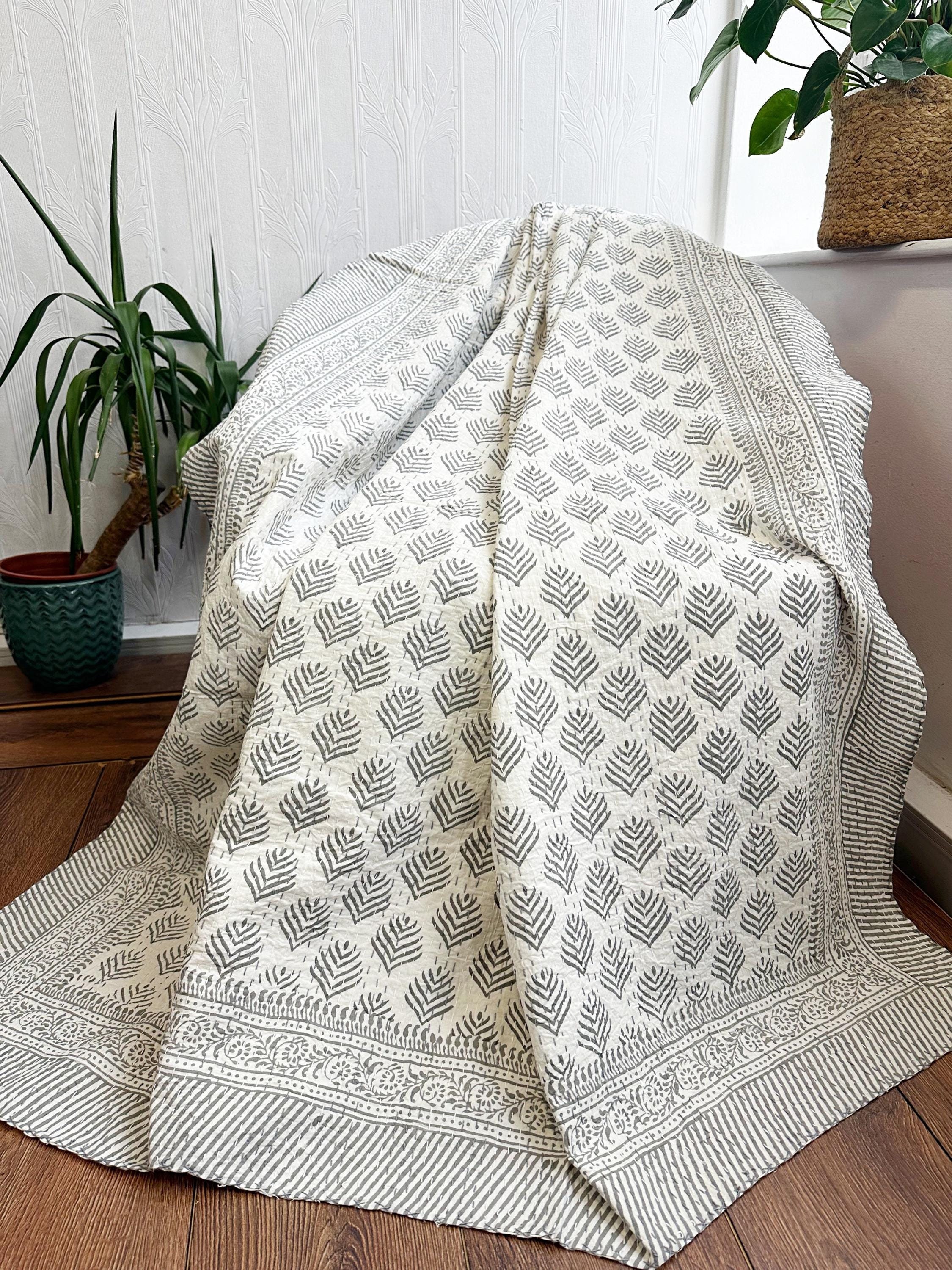 Kantha Stitch Pure Cotton Reversible Bed/Sofa Throw King Size | Handmade HandPrinted Country Dohar | Elegant White Grey Tribal Motif Stripe