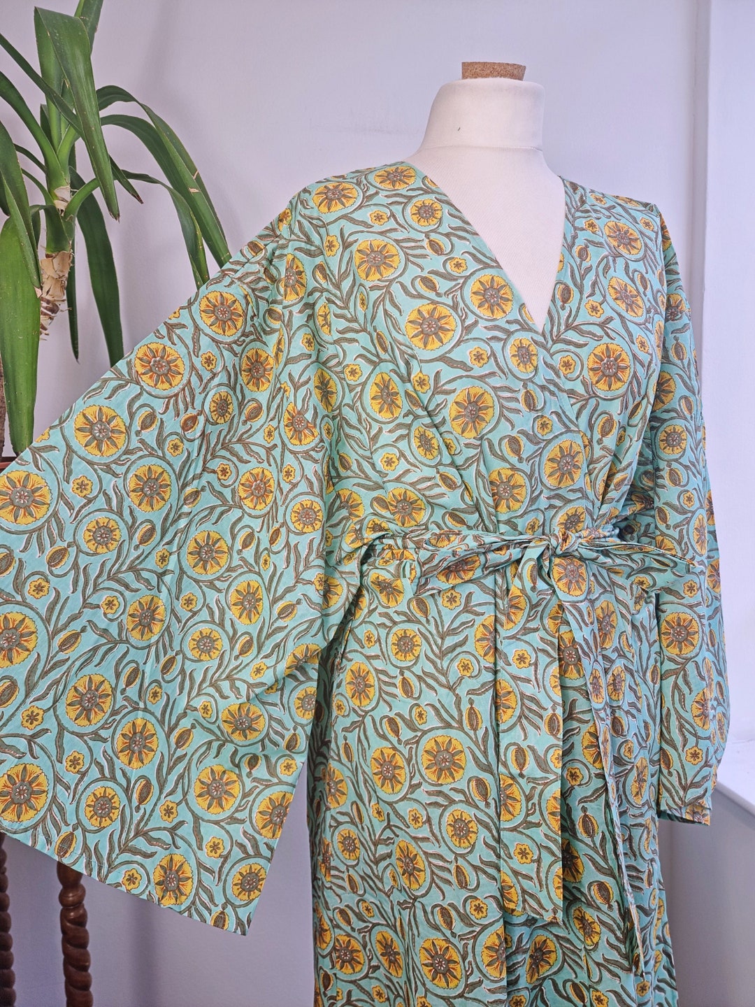 Pure Cotton Handprinted House Robe Tropical Kimono Pastel Peppermint ...