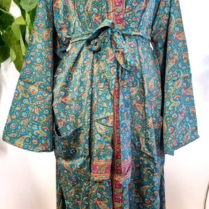 New Silk Sari Boho Kimono Regal House Robe Luxury Lounge Digital Print Flowy Gown Regal Green Red Paisley Floral Duster Beach Coverup image 7