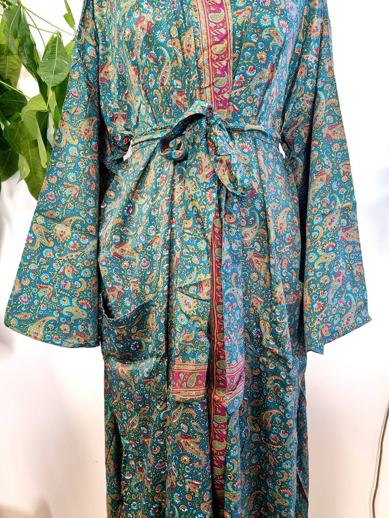 New Silk Sari Boho Kimono Regal House Robe Luxury Lounge Digital Print Flowy Gown Regal Green Red Paisley Floral Duster Beach Coverup image 7