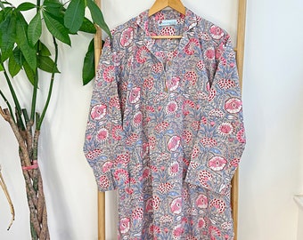 Night Shirt Luxury Soft Cotton Indian Hand Block Spring Pastel Grey White Blue Pink Botanical Floral Lounge Sleepwear Nightdress Girls