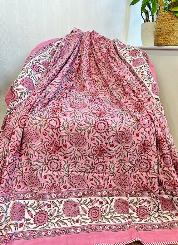 Pure Soft Cotton Indian Floral Dohar Reversible Bed/Sofa Throw Summer Quilted King Size Handmade HandPrinted Old Rose Pink White Red Beige