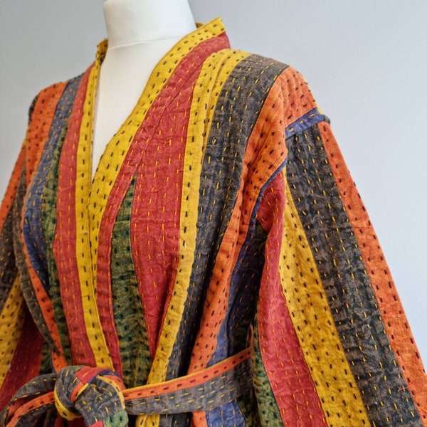 Kantha Unisex Cotton Reversible Kimono Jacket Robe Handmade Sustainable Eco-fashion Tribal Hand Patchwork Red Orange Yellow Green Stripes