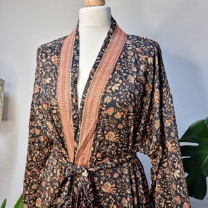 New Silky Sari Boho Kimono Regal House Robe - Luxury Lounge Digital Print Flowy Gown | Persian Black Rose Peach Gold |Floral Oriental Duster