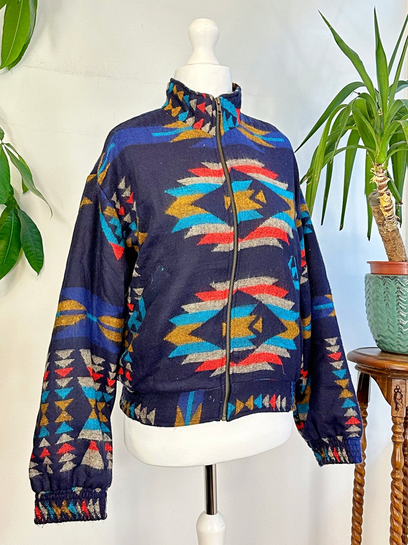 Yak Wool Blend Geometric Bomber Bolero Warm Cosy Jacket Regal Blue Turquoise Mustard Geometric Diamond Aztec Southwestern Ikat Style image 10