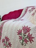 Kantha Stitch Pure Cotton Reversible Bed/Sofa Throw King Size | Handmade HandPrinted Floral Dohar | White Pink Green Garden Blossom Stripe