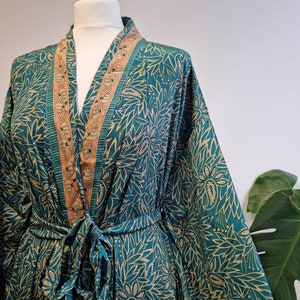 New Silky Sari Boho Kimono Regal House Robe Luxury Lounge Digital Print Flowy Gown | Persian Deep Aqua Turquoise | Floral Oriental Duster