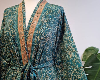 New Silky Sari Boho Kimono Regal House Robe Luxury Lounge Digital Print Flowy Gown | Persian Deep Aqua Turquoise | Floral Oriental Duster