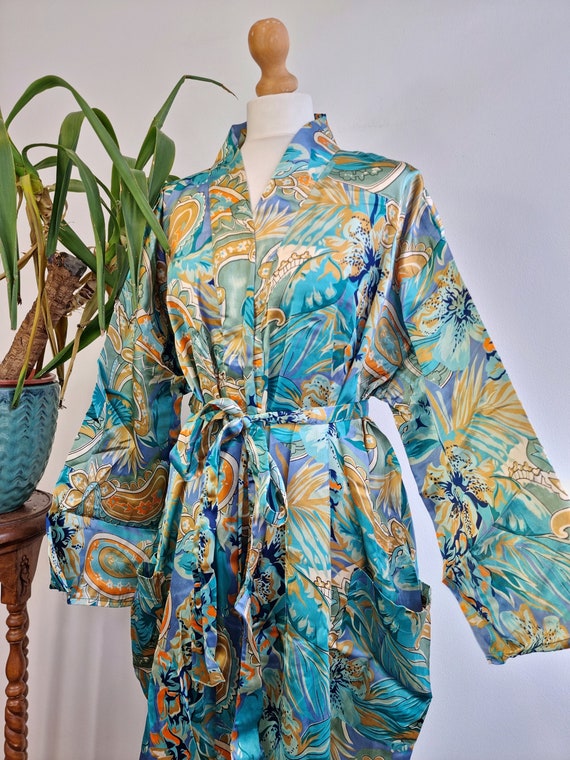 New Satin Silky Sari Boho Kimono Regal House Robe Luxury Lounge Digital Print Flowy Dressing Gown |Pastel Aqua Turquoise Blue Mustard Leaves New Satin Silky Sari Boho Kimono Regal House Robe Luxury Lounge Digital Print Flowy Dressing Gown |Pastel Aqua Turquoise Blue Mustard Leaves