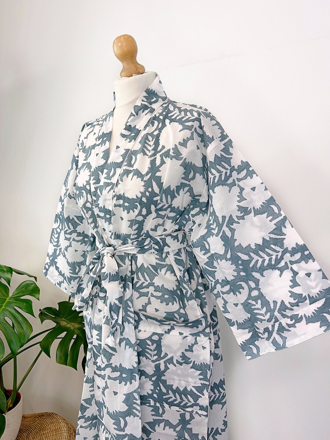 Pure Cotton Handprint House Robe Summer Kimono Floral Beach Coverup ...