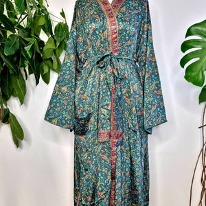 New Silk Sari Boho Kimono Regal House Robe Luxury Lounge Digital Print Flowy Gown Regal Green Red Paisley Floral Duster Beach Coverup image 3