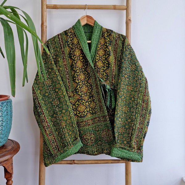 Kantha Reversible Ajrakh Short Length Spring Bolero Bohemian Melange Artist Unisex Front Tie Open Jacket Green Hue Quirky Festival Patchwork