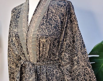 New Silky Sari Boho Kimono Regal House Robe - Luxury Lounge Digital Print Flowy Gown | Oriental Persian Black Rose Beige | Paisley Duster